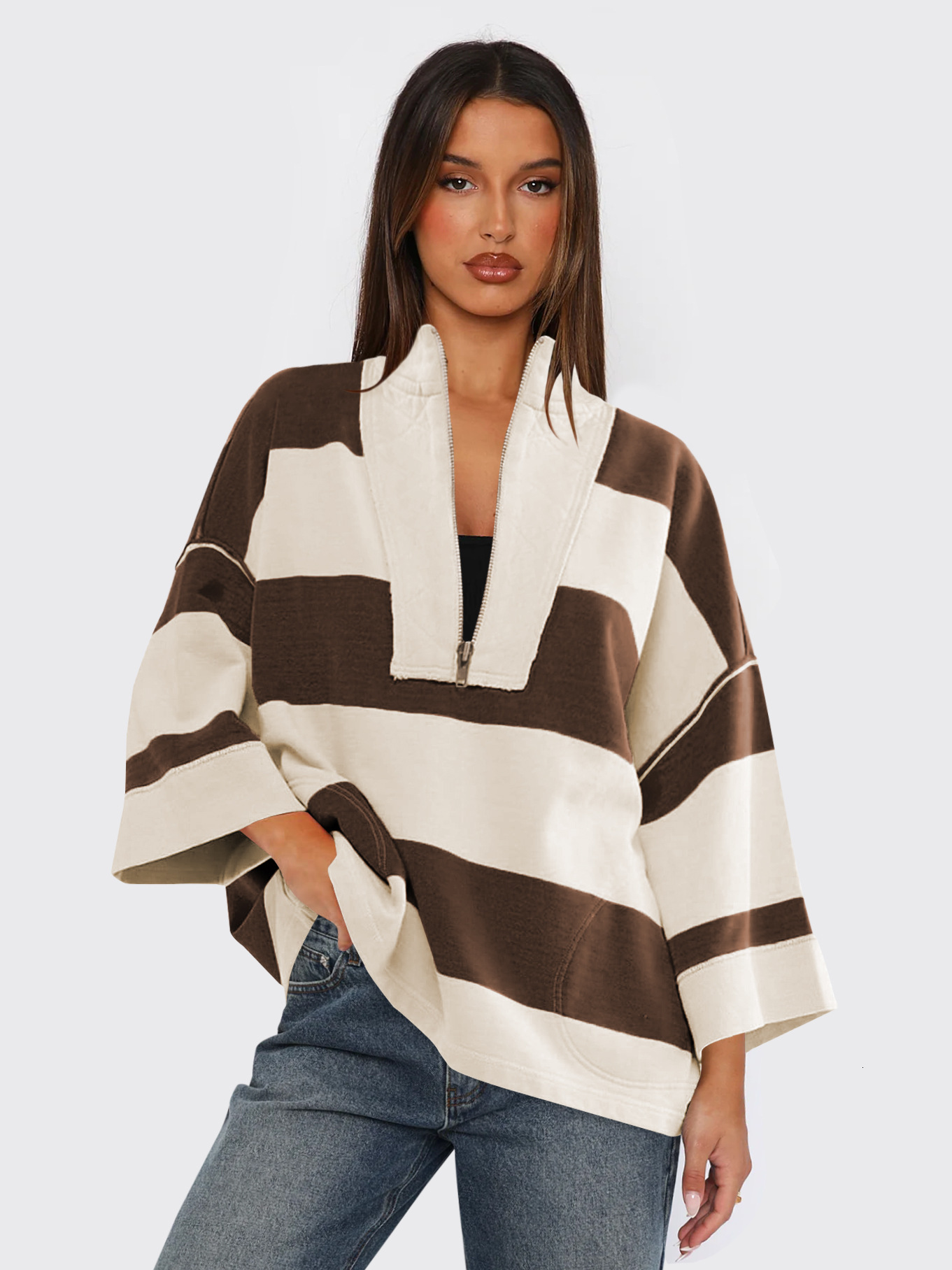 hoodies women selling striped half zipper european and american hoodie women's spring autumn color contrasting knitwear loose trendy brand sports
