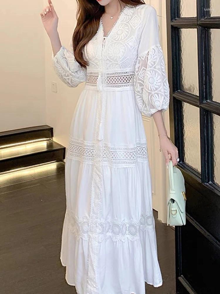 Casual Dresses White Long Women Vintage Boho Lace Dress Female Summer Sleeve Ladies Elegant Hollow Out Beach Holiday Vestido