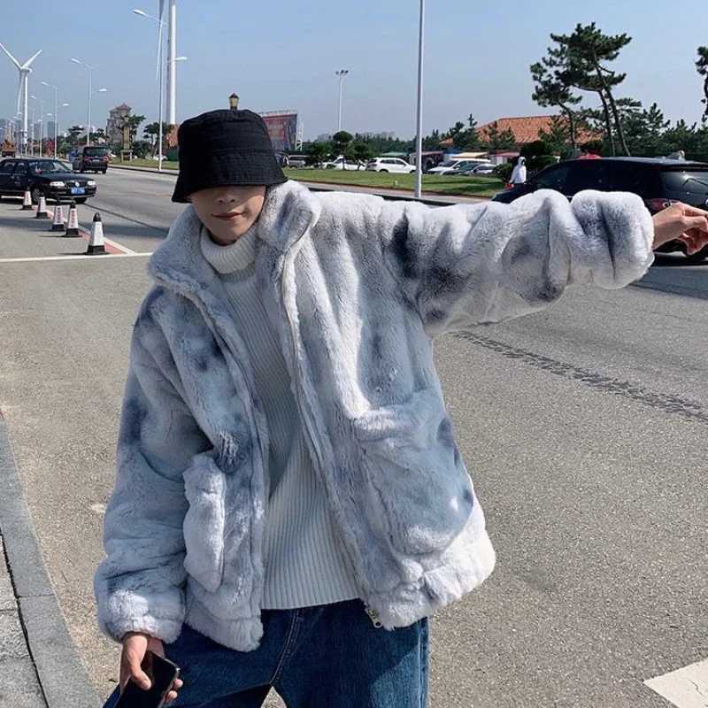 New Winter Tie-dye Lambswool Jacket Men Rabbit Hair Stand-up Collar Plus Size Loose Thickened Warm Men and Women Cotton ClothingXJ241102