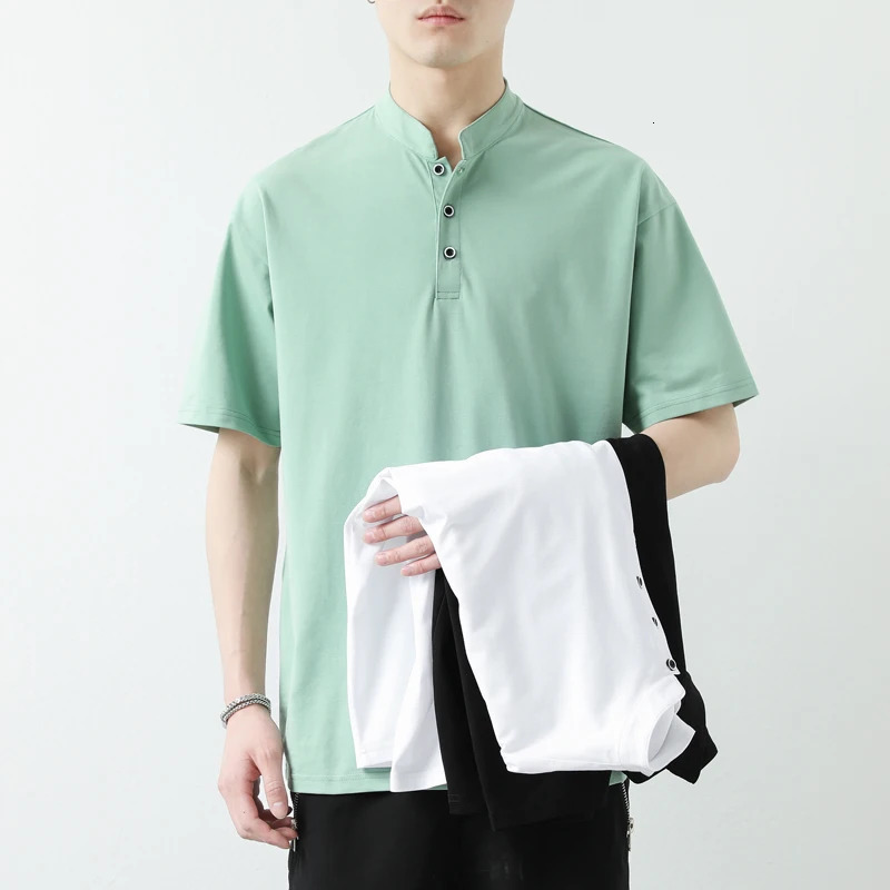 shirt mens summer minimalist white lapel short sleeved tshirt casual commuting style 5606 240315