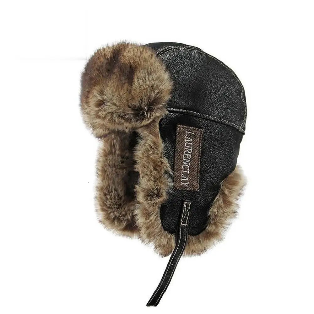 Winter Mens Ear Hood Bomber Hat Artificial Leather Thick Plush 54-60cm Retro Pilot Style Outdoor Warmth YF0201 241031