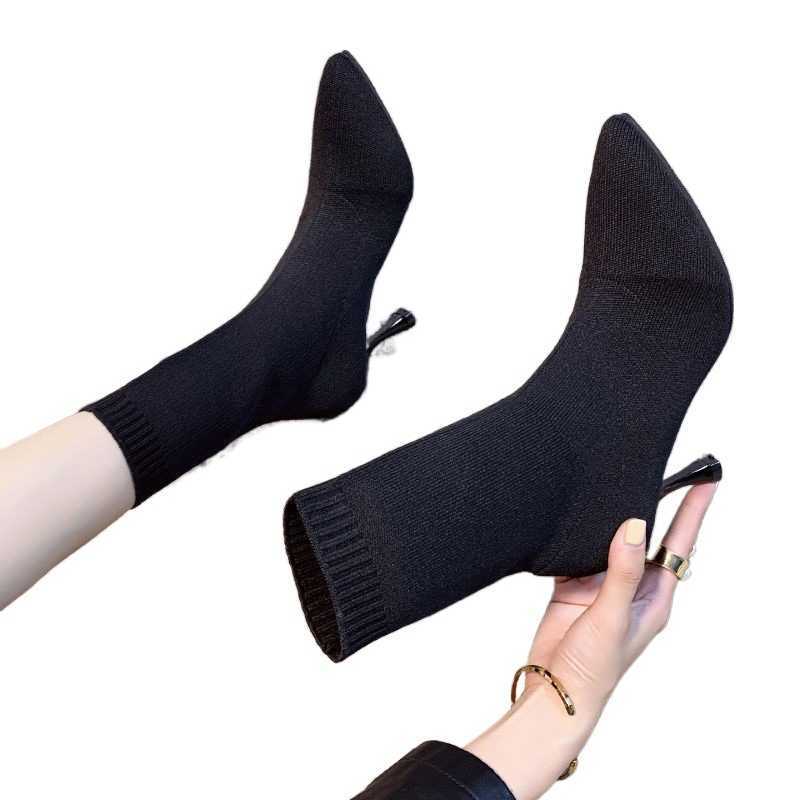 CMM Womens Shoes and Boots Autumn and Winter New Versatile Short Boots Pointed Toes Thin Heels High Heels Boots Knitted Elastic Boots Socks and Boots