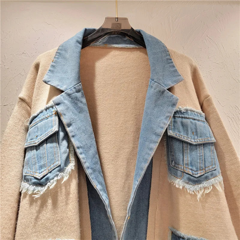 Womens denim patchwork suit jacket knitted cardigan pocket contrasting color jeans jacket long sleeved autumn sweater top 241031