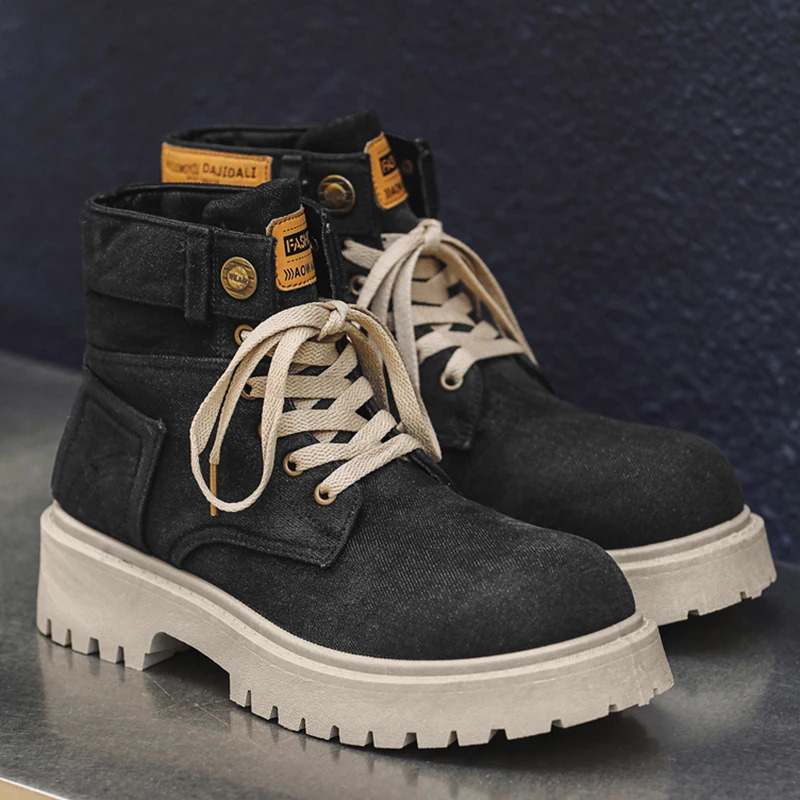 Mens platform denim boots retro n Ankle shoes mens high-quality comfortable boots cool casual lace up outdoor shoes 241031