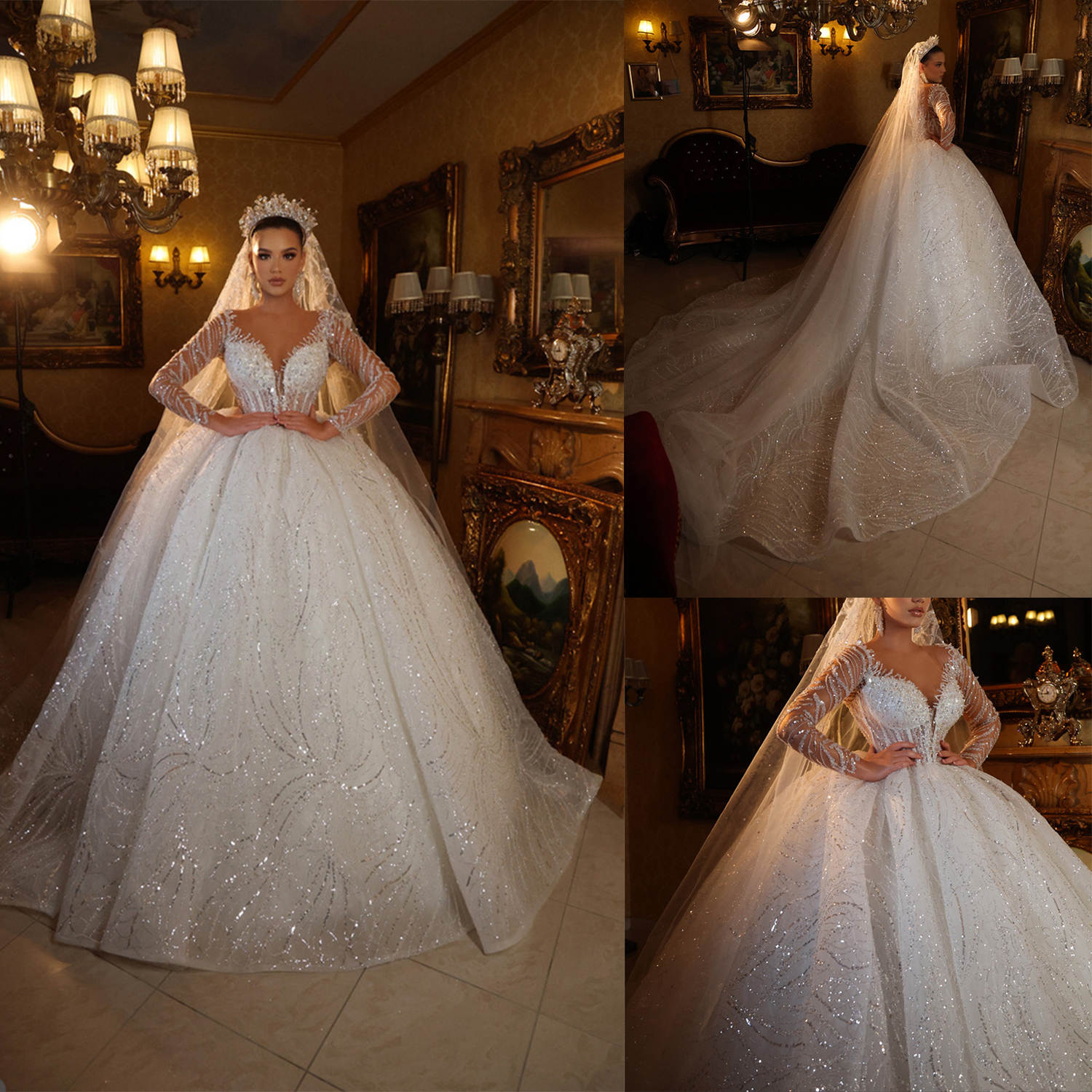 Customized Classic Ball Gown Sequins Appliques V Neck Wedding Dress Long Sleeve Sweep Train Sequined Bridal Dresses