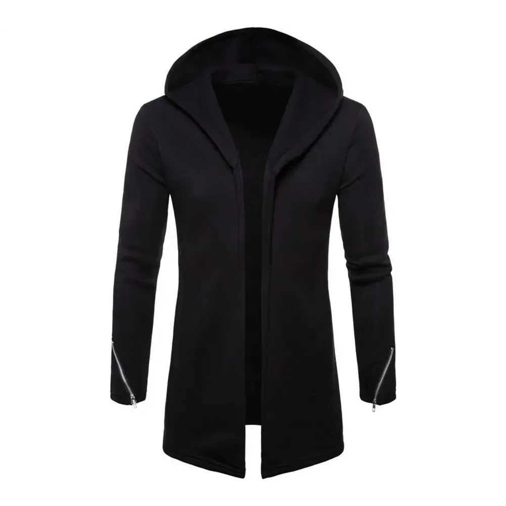 Mens outerwear hooded long slip casual autumn outerwear solid color zipper cuffs warm open seam cardigan W241102