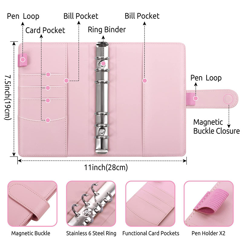 2023 A6 PU Leather Budget Binder Notebook Cash Envelopes System Set With Binder Pockets for Money Saving Bill Organizer Pink