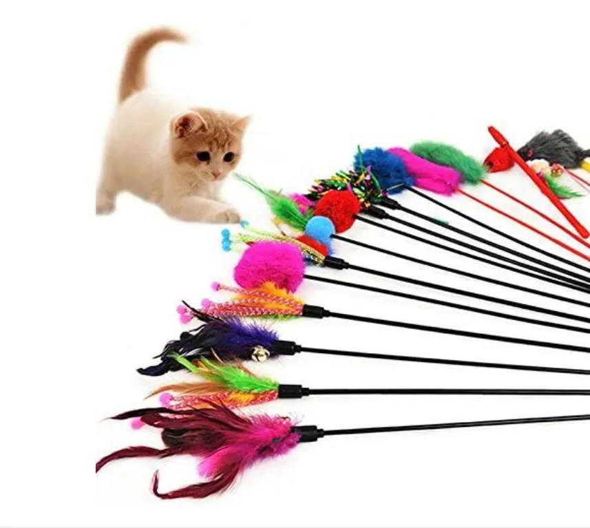 Cat Teaser Wand Toy Interactive Pet Kitten Birds Feather Play Sticks With Bell