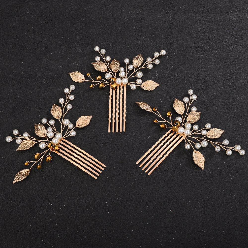 3PCS Gold Hair Comb for Wedding Pearl Crystal Leaf Bridal Head Piece Handmade Vintage Hair Accessories Jewelry Chic Party Tiaras