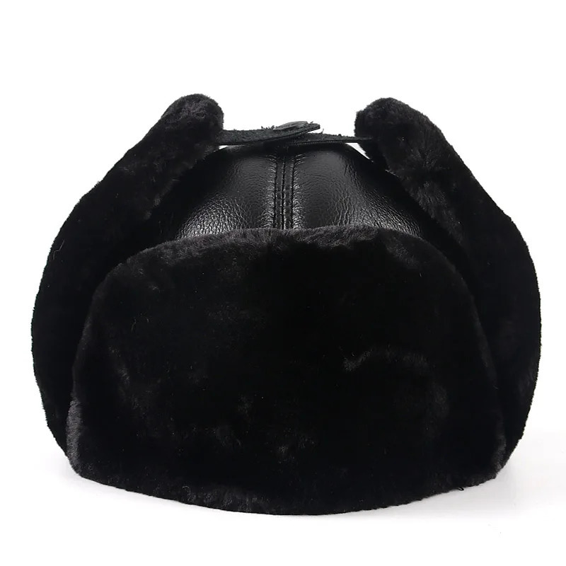 Mens Winter Hat with Earrings Ushanka Warm Russian Fur Bomber Hat Plain Leather Winter Pilot Hat Mens Black 241031