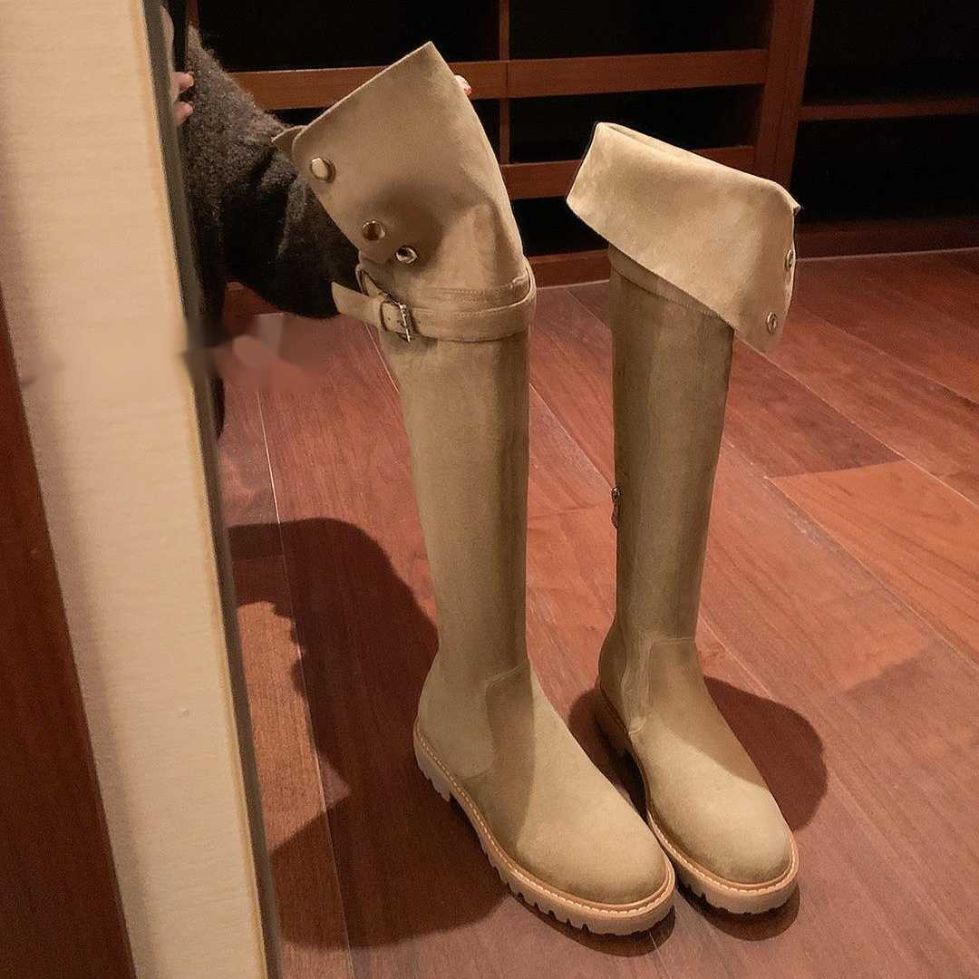 CMM Velvet Belt Buckle Thick Heel Over Knee Long Boots for Women New Versatile Two Warm Cotton Boots Knight Boots