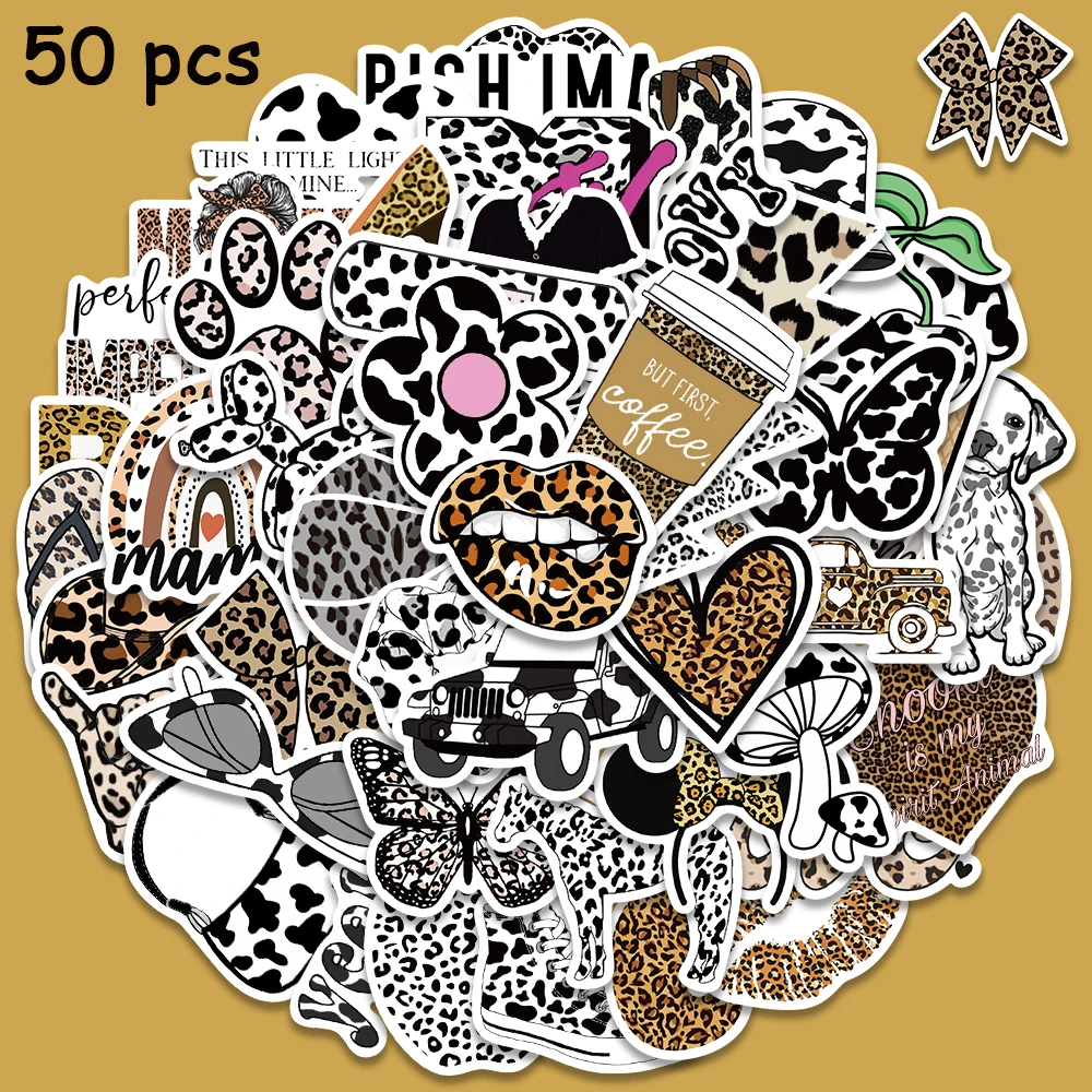 50pcs Leopard Cow new Print Stickers Black And White Decals Waterproof Vinyl Scrapbook Laptop Skateboard 2025 Phone Lage Stickers