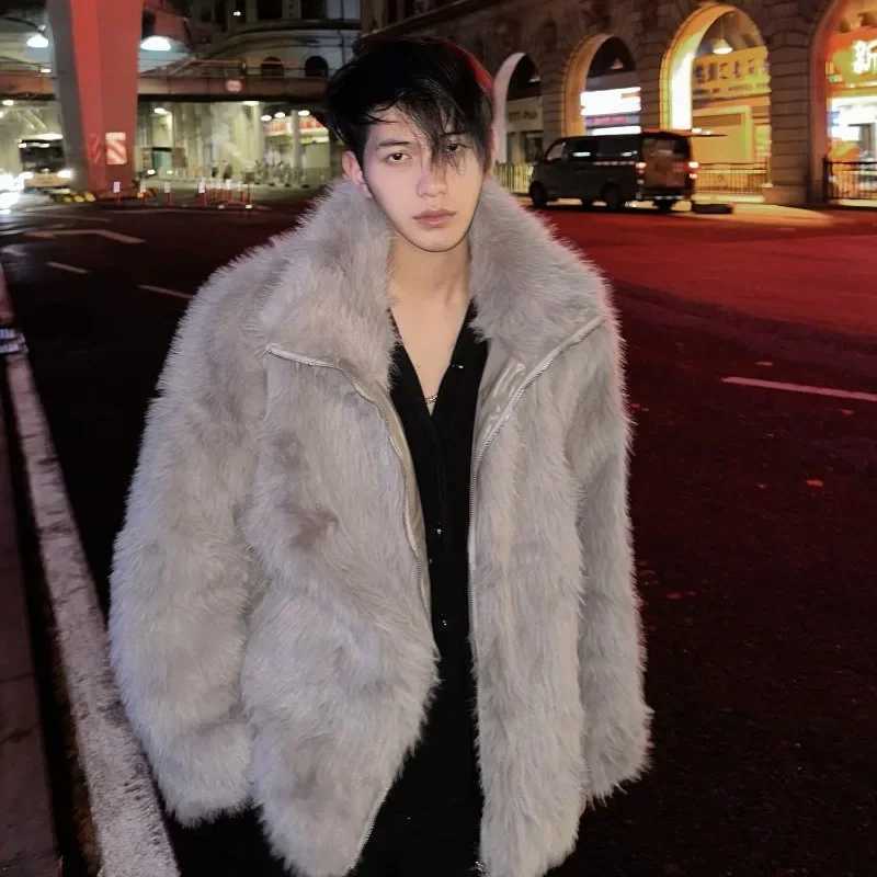 Korean Fashion Faux Fox Fur Coat New Fall and Winter High Street Trend Warm Jacket Man Streetwear Hip Hop Black Faux Fur CoatXJ241102