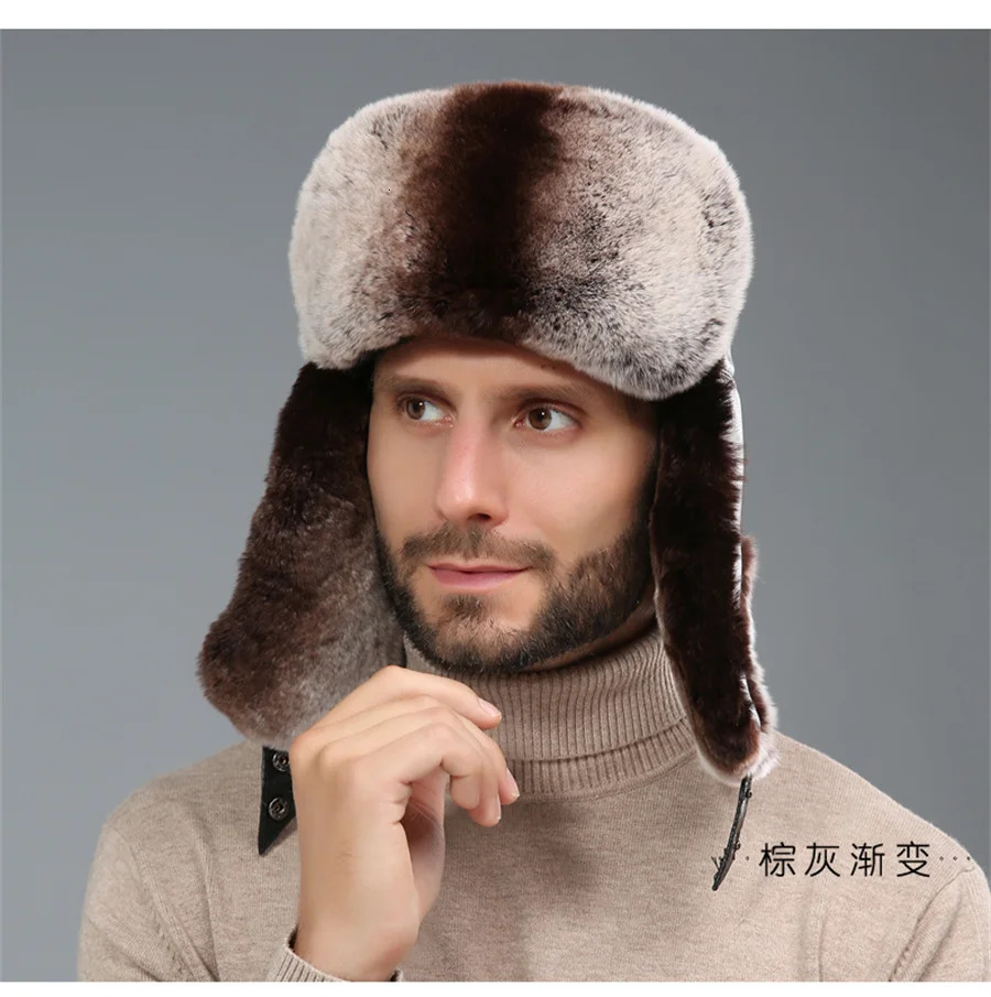 Bomber Hat Mens Thick Womens Warm Russian Ushanka Rex Rabbit Fur Hat Fashion Mens Winter Sheepskin Earrings Ski Hat 241031