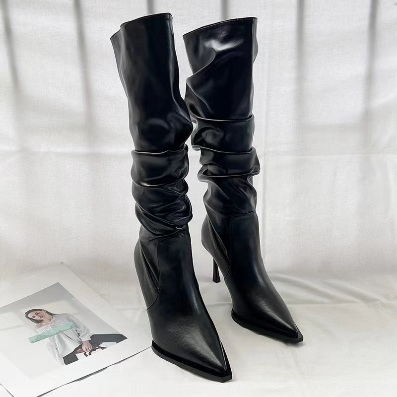 Pointed Pleated For Women In Autumn 2023 Trendy Thin Stacked High Heel Below Knee Long Barrel Boots
