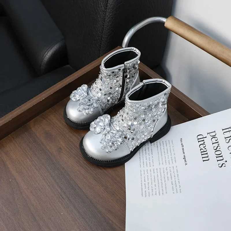 New girls childrens shoe set luxurious rhinestone princess leather boots with sequins fashionable childrens shoulder and foot boots side zipper M24110