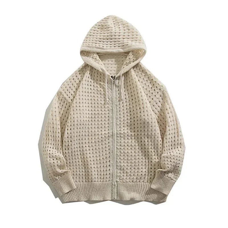 Hollow Out Hooded Cardigan for Men SpringSummer Korean Loose Mesh Trend Lazy Coat Casual Zipper Knitted Jacket High Streetwear 241024