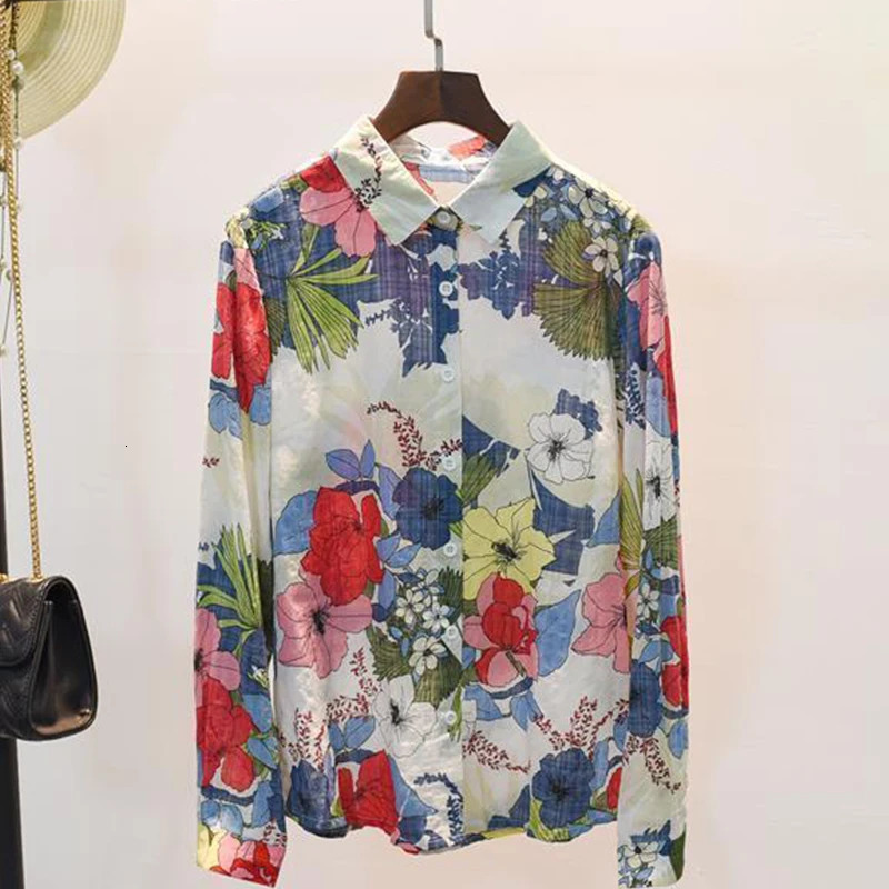 Spring Autumn Cotton Linen Casual Fashion Floral Print Shirt Ladies Loose All-match Sweet Blouse Femme Comfortable Top Women 240329