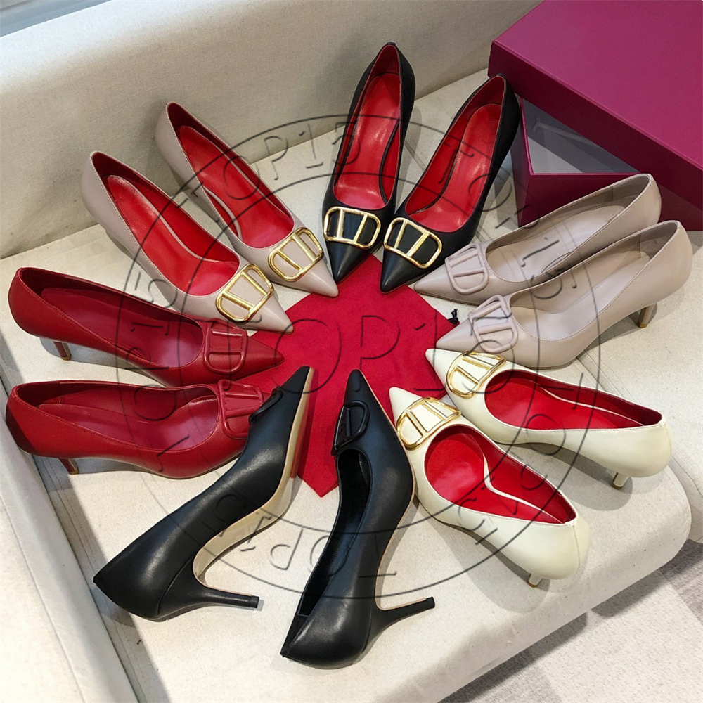 Designer Sandals Genuine Leather for Women High Heels Pointed Toe Classic Metal V Buckle Summer Luxury Flat Slides Ladies Beach Sandal Party Wedding shoes