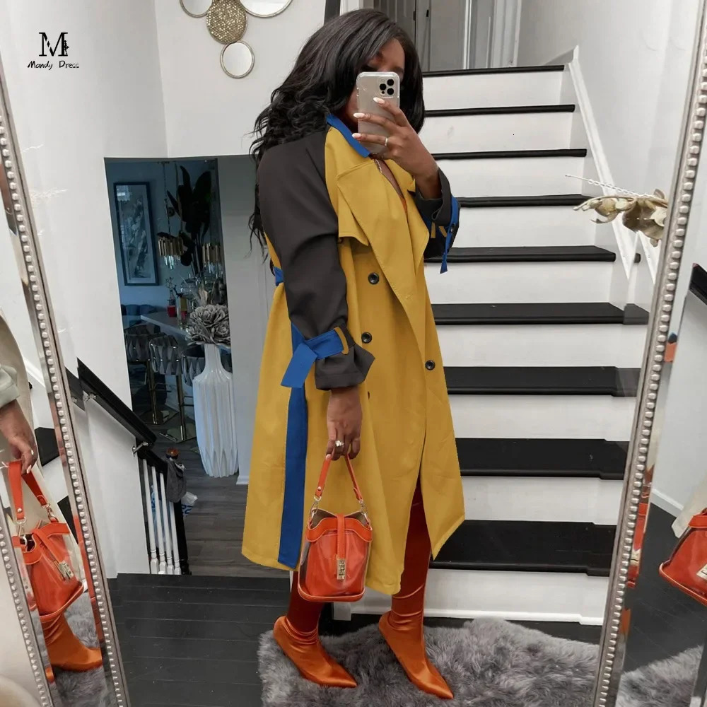 Fashionable womens trench coat long sleeved with patchwork work loose jacket autumn and winter streetwear plus size womens coat 241031
