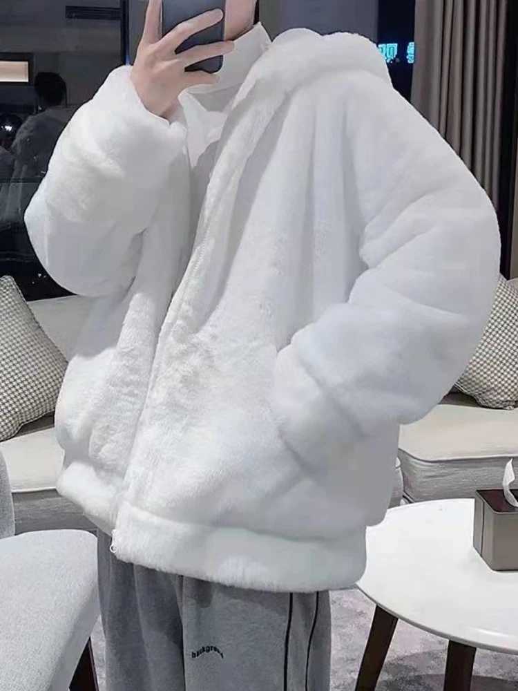 Gmiixder Winter Plush Fake Fur Coat for Mens Korean High Street Oversize Preppy Thickened Hooded Cashmere Imitation Fur JacketXJ241102