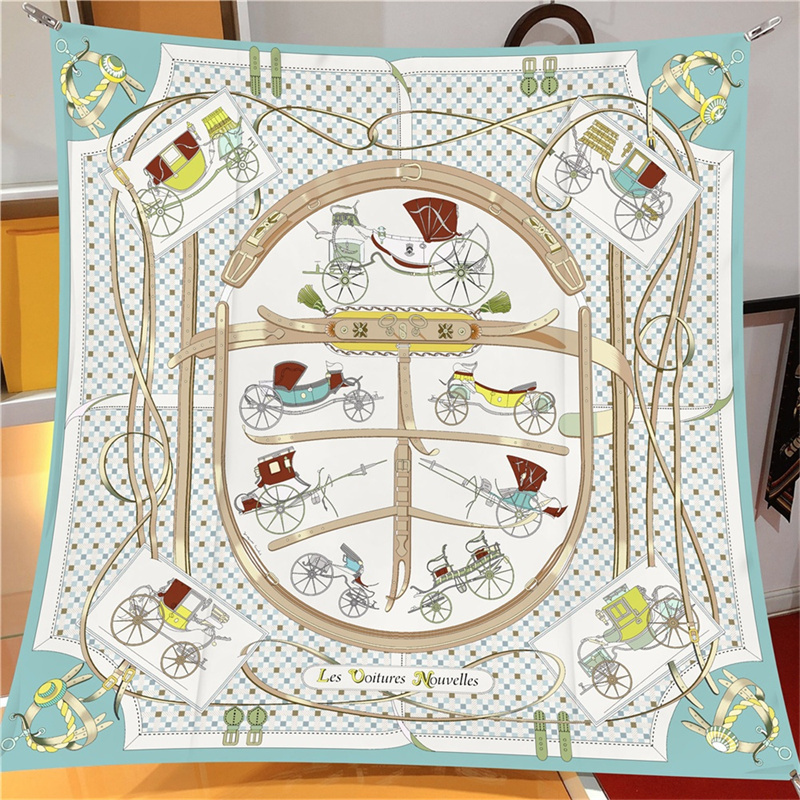 Silk Scarf Women Carriage Belt Printing Square Scarves Head Echarpes Silk Foulards Fashion Femme Wraps Beach Shawls Bandana Lady Hijabs 90CM X 90CM