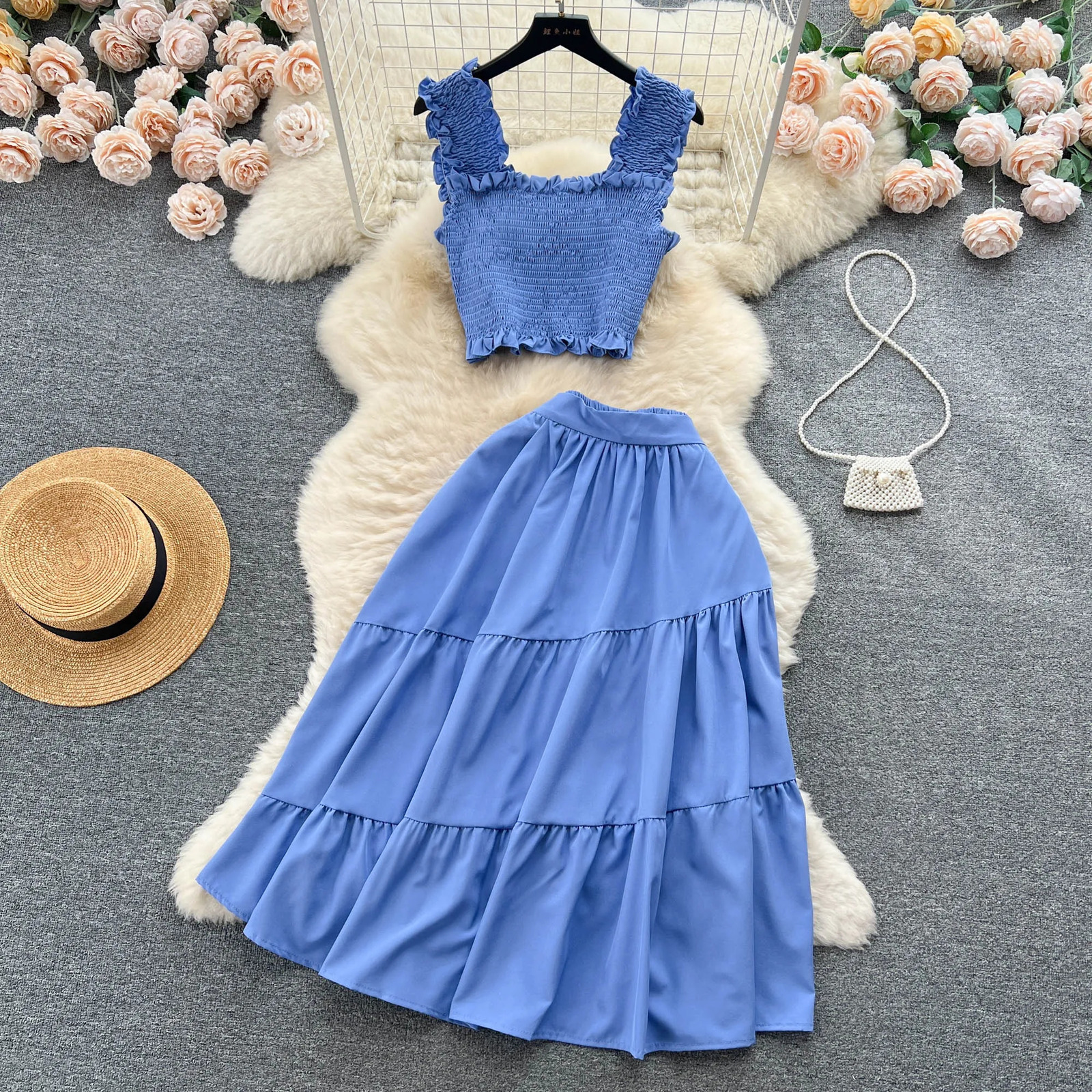 YuooMuoo Chic Fashion Women Dress Suits Summer Vacation Style Sleeveless Stretchy Tops High Waist Long Skirts Lady Outfits 240329