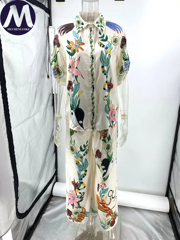 2 Piece Sets Women Outfit Summer Bohemian Style Printing Half Sleeve Shirt Suits Fashionable Casual Loose Wide Leg Pant Set 240328