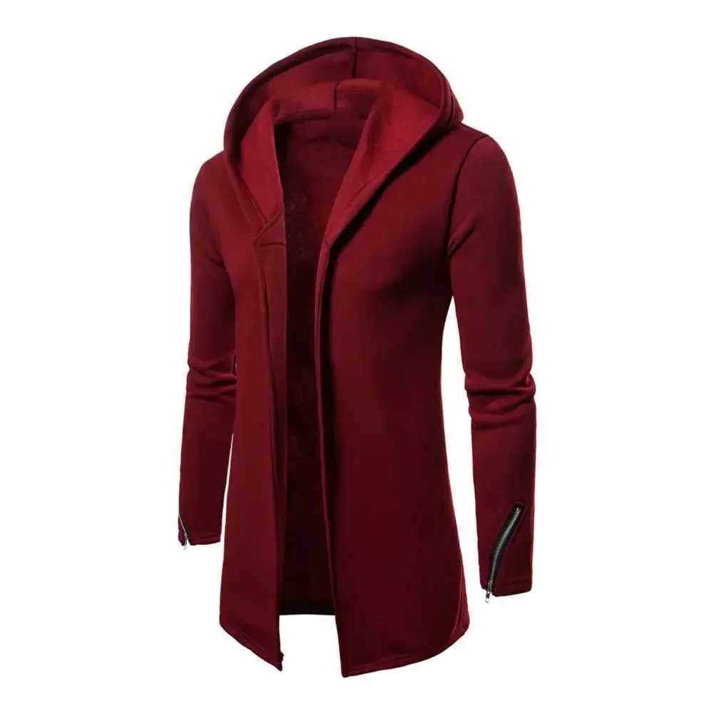 Mens outerwear hooded long slip casual autumn outerwear solid color zipper cuffs warm open seam cardigan W241102