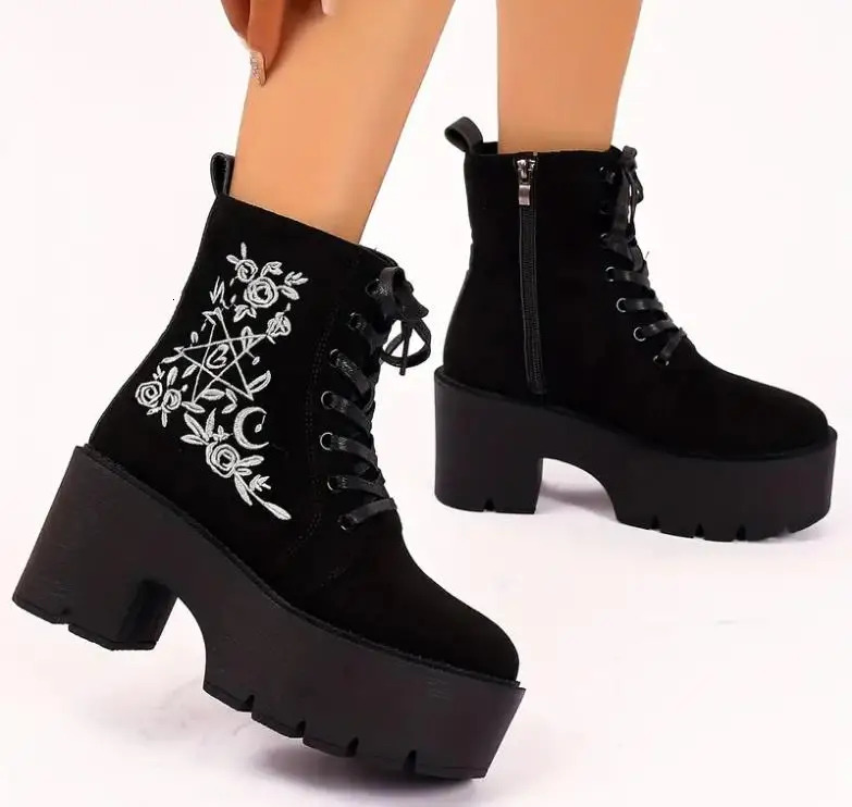 Women's Fashion Platform Ankle Ral Pattern Chunky Heeled Lace Up Combat Boots, All-Match Side Zipper Boots