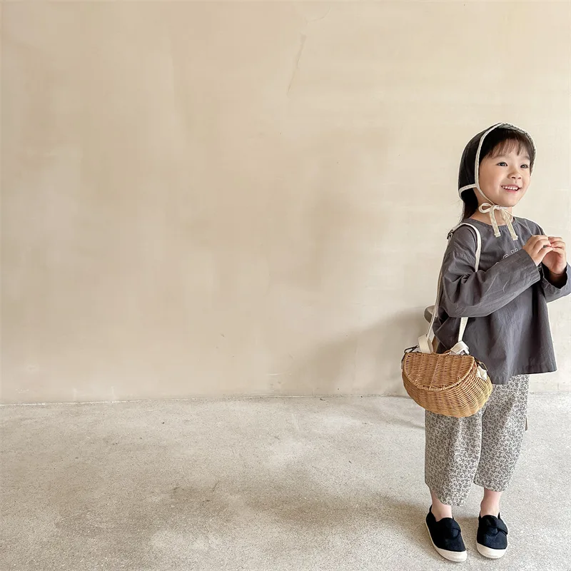 4845B Children's Pant new 2025 2023 Spring Summer New Korean Girl's 9-point Pants Floral Casual Pants Boy's Pant Trousers