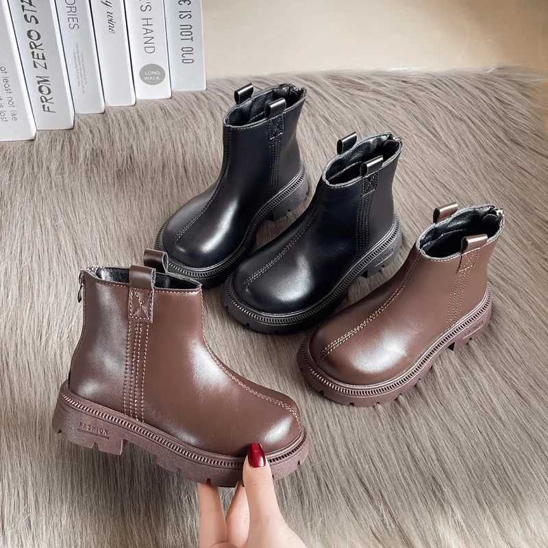 Childrens Winter Fashion Boots Solid Color Simple Girls Ankle Boots Outdoor Warm Childrens Leather Boots Thick Bottom Edition M241102