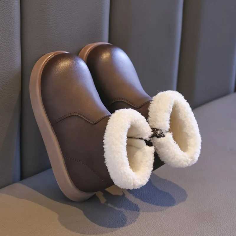 Girls winter boots soft and simple childrens snow boots solid color leather cover childrens warm cotton boots fashionable classic version zipper M2411