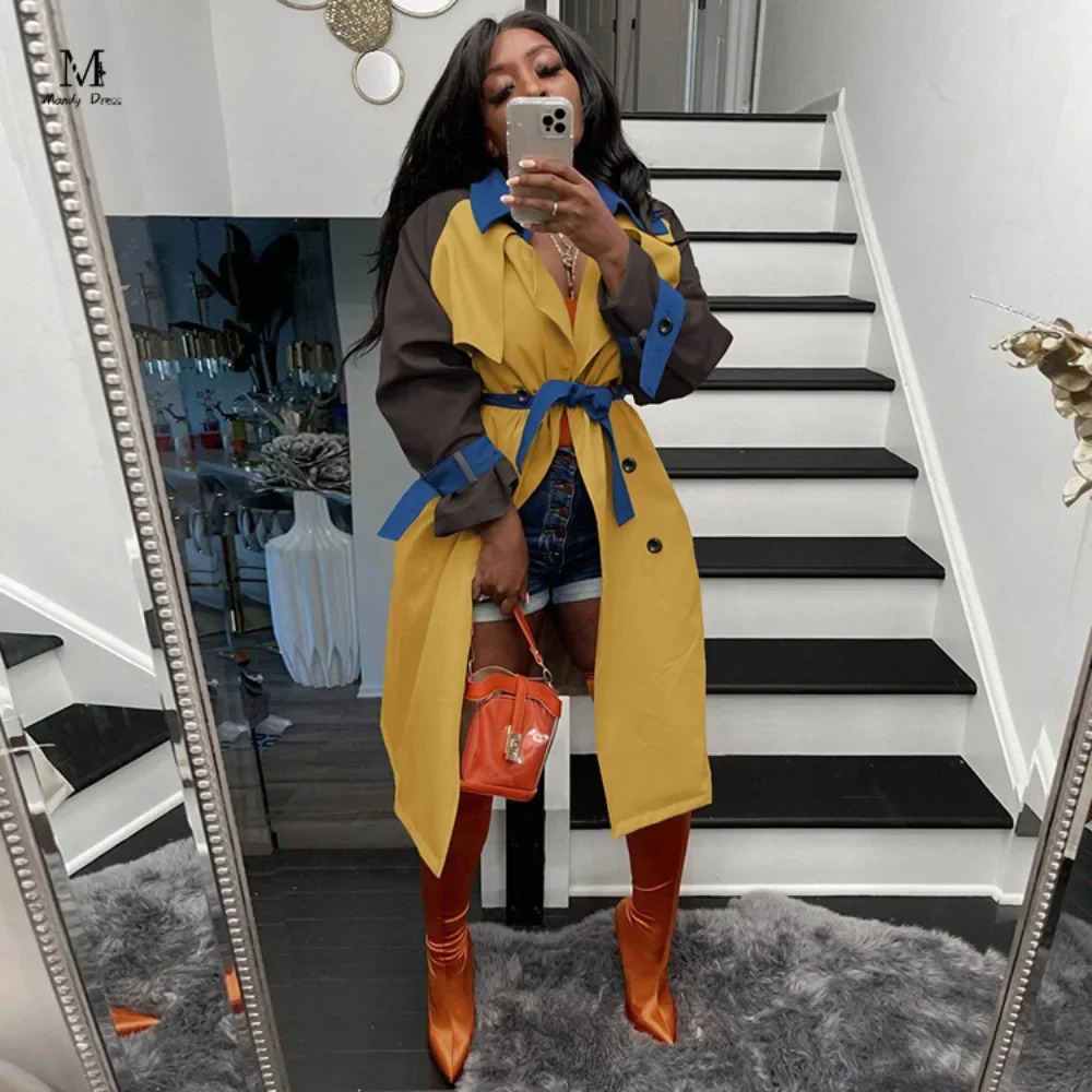 Fashionable womens trench coat long sleeved with patchwork work loose jacket autumn and winter streetwear plus size womens coat 241031