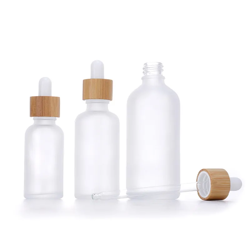 wholesale Frosted White Glass Dropper Bottle 10ml 15ml 20ml 30ml 50ml With Bamboo Cap 1oz Wooden Essential Oil Bottles LL