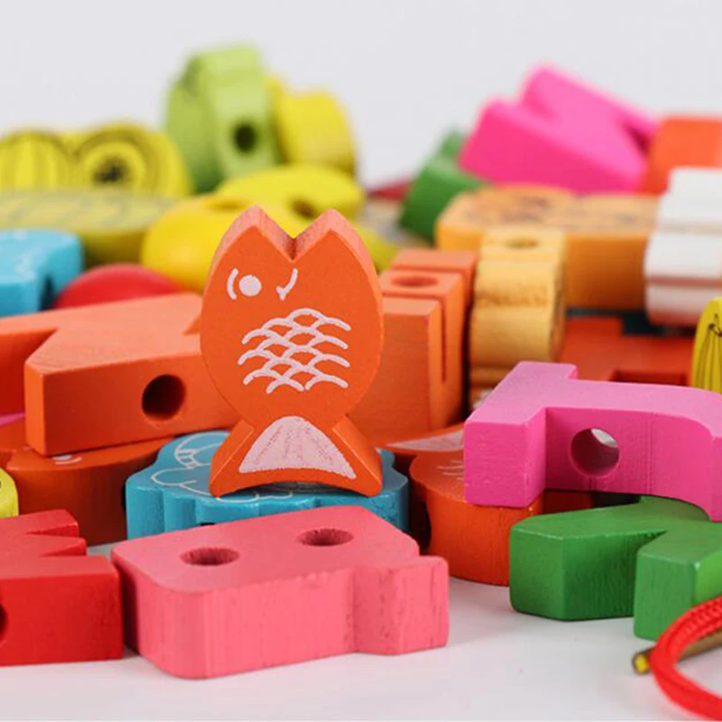 26pcs Wooden Toys Baby DIY 2025 Toy Cartoon Fruit Animal Stringing Threading Wooden beads Toy new Monterssori Educational for Kids GYH