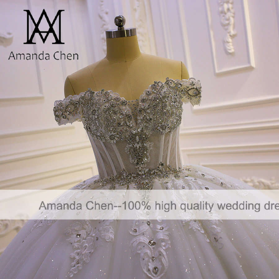 bridal dress Off Shoulder Lace Applique Crystal Sheer Wedding Dress