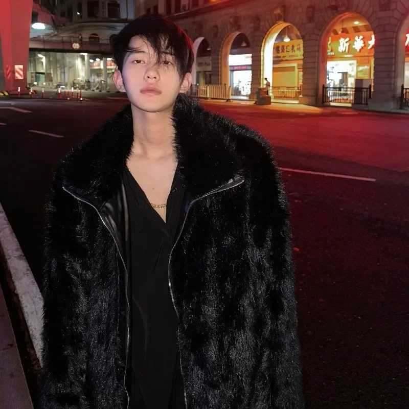 Korean Fashion Faux Fox Fur Coat New Fall and Winter High Street Trend Warm Jacket Man Streetwear Hip Hop Black Faux Fur CoatXJ241102