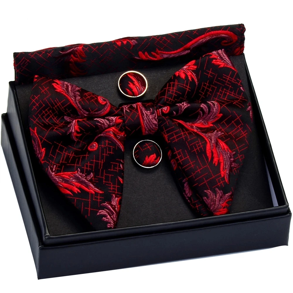 GUSLESON Decorative pattern Big Bow Tie White Black Bowtie Pocket Square Cufflinks Set with Gift Box Wedding Necktie For Man