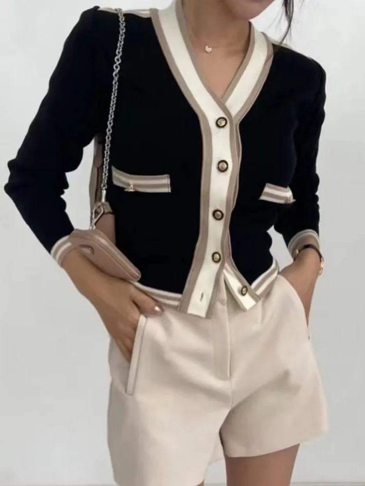 Runway Korean fashion womens sweater top V-neck striped womens knitted cardigan 241031