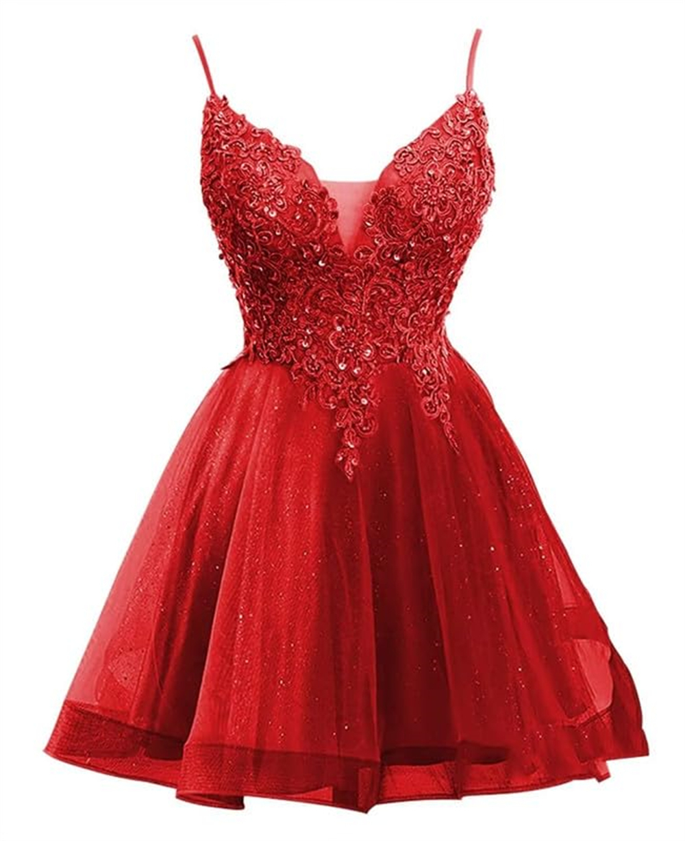 Short Homecoming Dresses Deep V-Neck Appliques Sequins Beading Tulle Lace-up Ball Gown Cocktail Formal Occasion Cocktail Prom Party Graudation Gowns H
