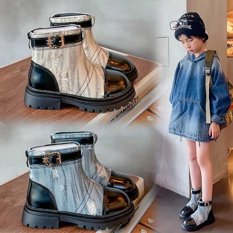 Girls boots childrens fashion denim boots autumn and winter new princess round toe childrens shoes anti slip platform casual boots vegetative state M2