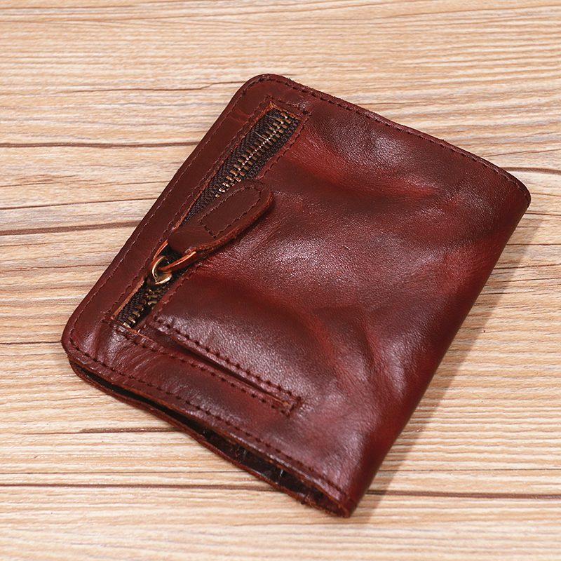Genuine Leather Wallet For Women Men Vintage Short Slim Small Bifold Women's Purse Card Holder With Zipper Coin Pocket ID Window
