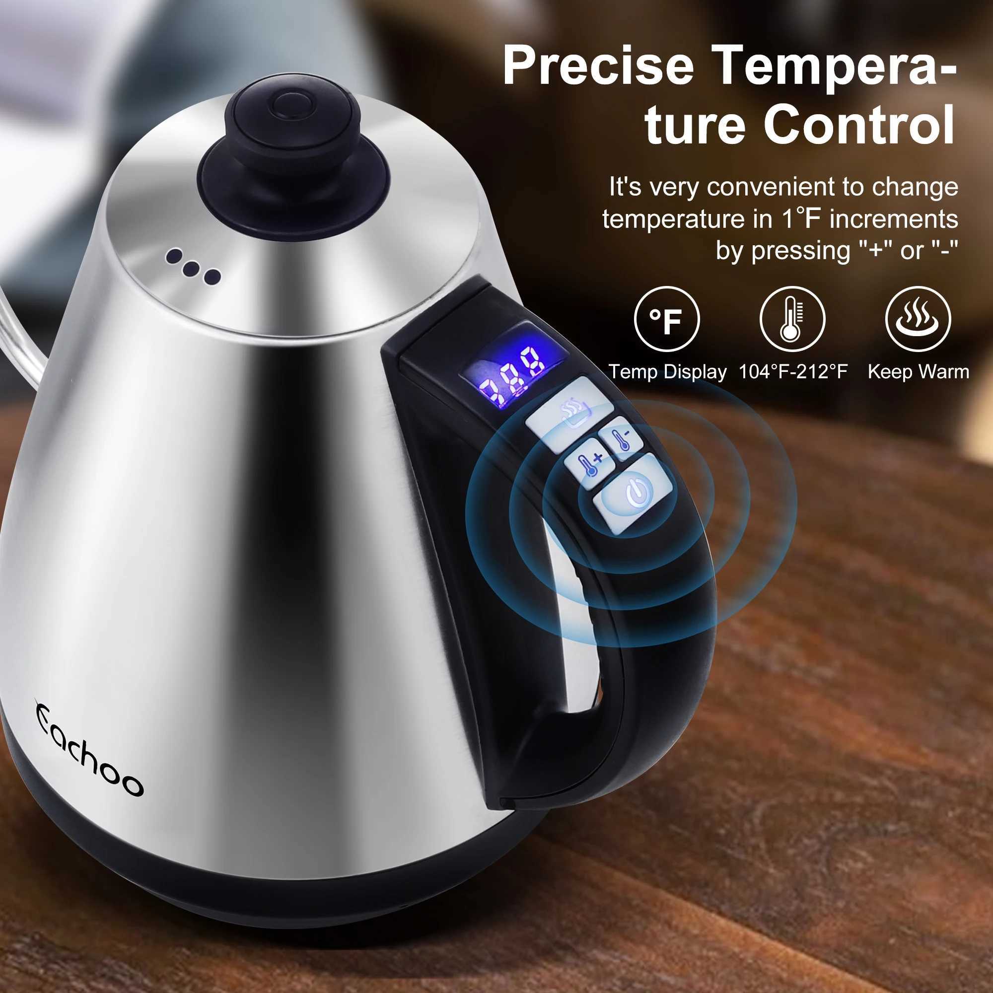 Stainless steel electric gooseneck kettle with coffee dropper poured onto the coffee pot temperature control LED display screen Y241102