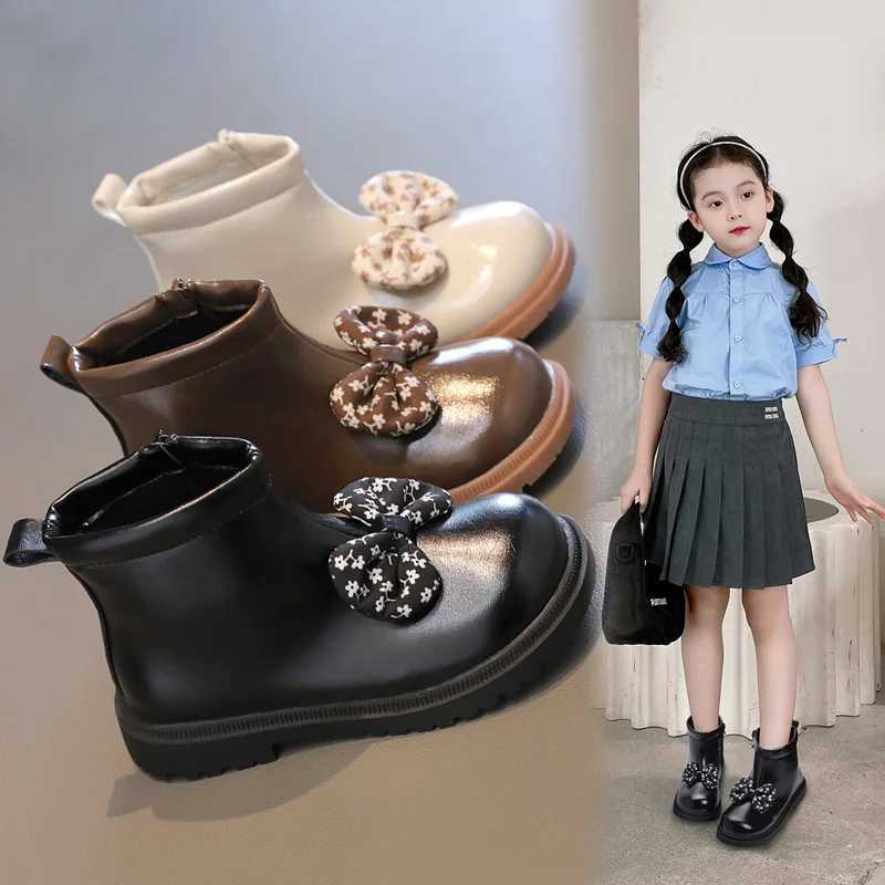 Girls Fashion Leather Boots New Autumn Winter Childrens Waterproof and Anti slip Cute Bow Princess Ankle Boots Baby Shoes M241102