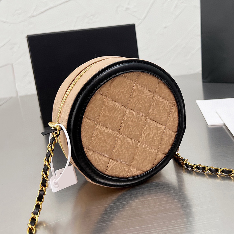 Women Designer Caviar Leather Round Cosmetic Case Mini Bags Gold Metal Hardware Matelasse Chian Crossbody Shoulder Handbag Large Capacity Outdoor Sacoche 16CM