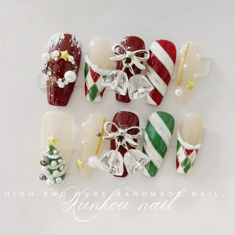 Christmas Double Color Medium length T-shaped Fake Nail Snowflake Gemstone Inlaid Fake Nail Art Reusable Easy to Disassemble 241031