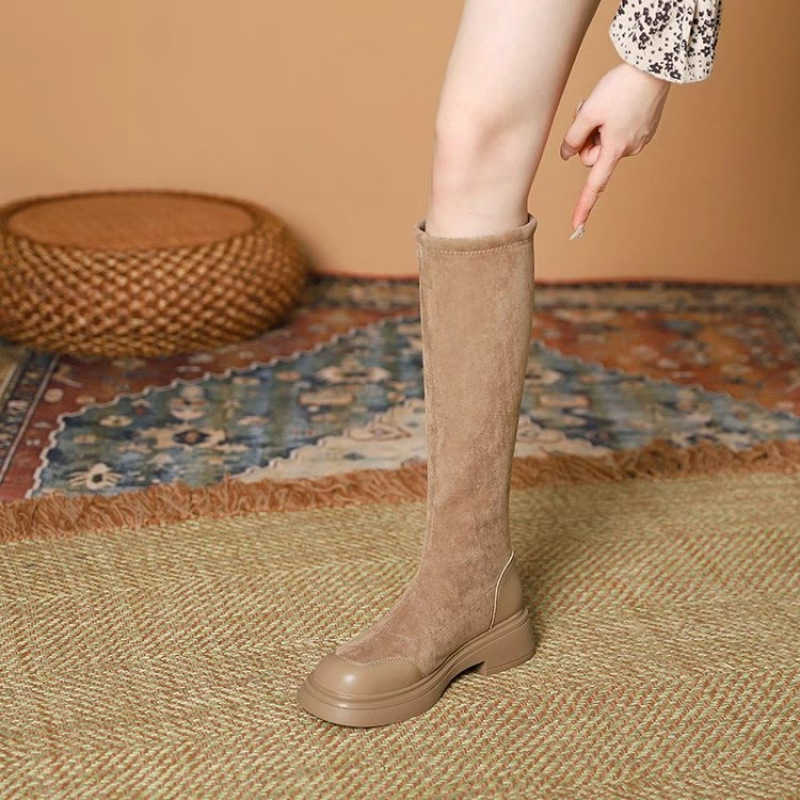 CMM Over the Knee Long Boots Womens Suede Elastic Boots Autumn New Small Fragrant Thick Sole Thick Heel High Tube Slim Boots