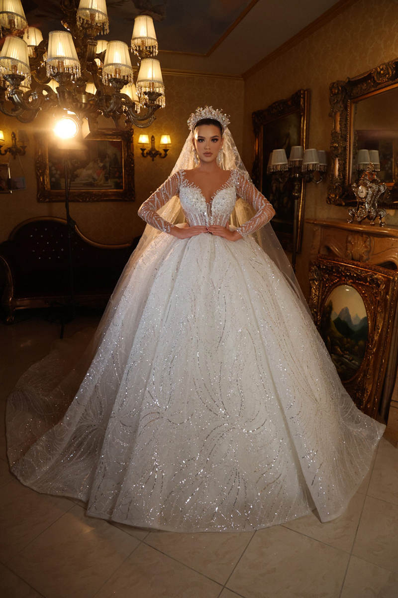Customized Classic Ball Gown Sequins Appliques V Neck Wedding Dress Long Sleeve Sweep Train Sequined Bridal Dresses
