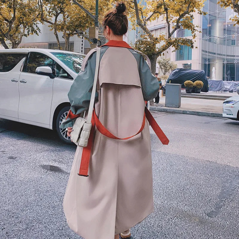 Contrast Stitching Windproof Womens Medium to Long Spring and Autumn Clothing Korean Edition Loose Belt Trench Coat 241031